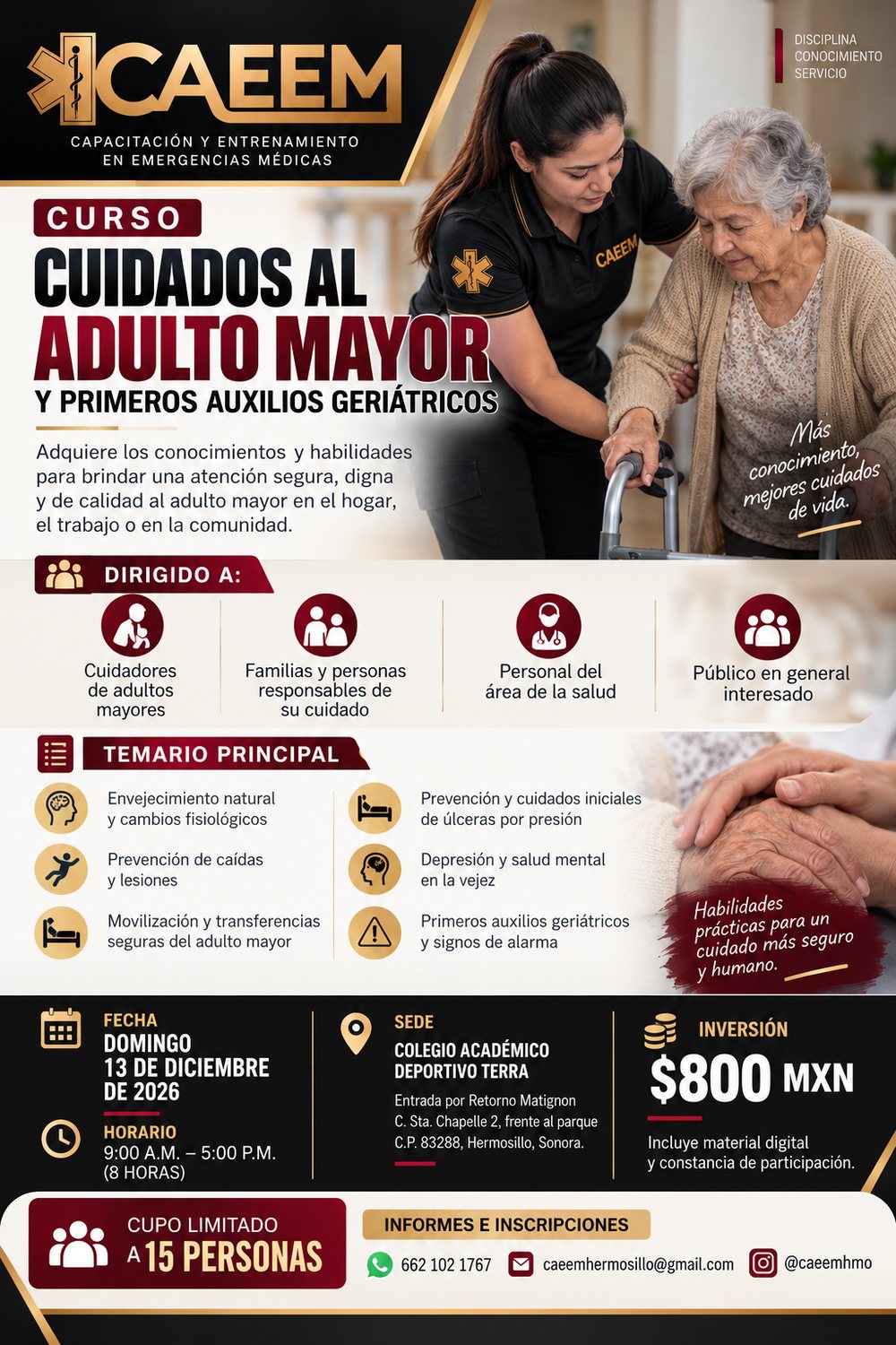 Flyer: Cuidados al Adulto Mayor y Primeros Auxilios Geriátricos, domingo 13 de diciembre